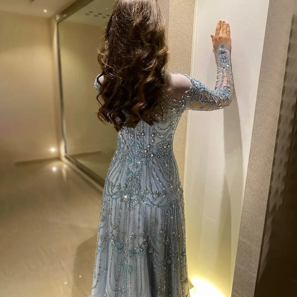 Vestidos de noche de lujo árabes de corte A, encaje azul y cuentas, para mujer, ideales para fiestas en Dubái (LA72704) 