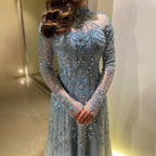 Vestidos de noche de lujo árabes de corte A, encaje azul y cuentas, para mujer, ideales para fiestas en Dubái (LA72704) 