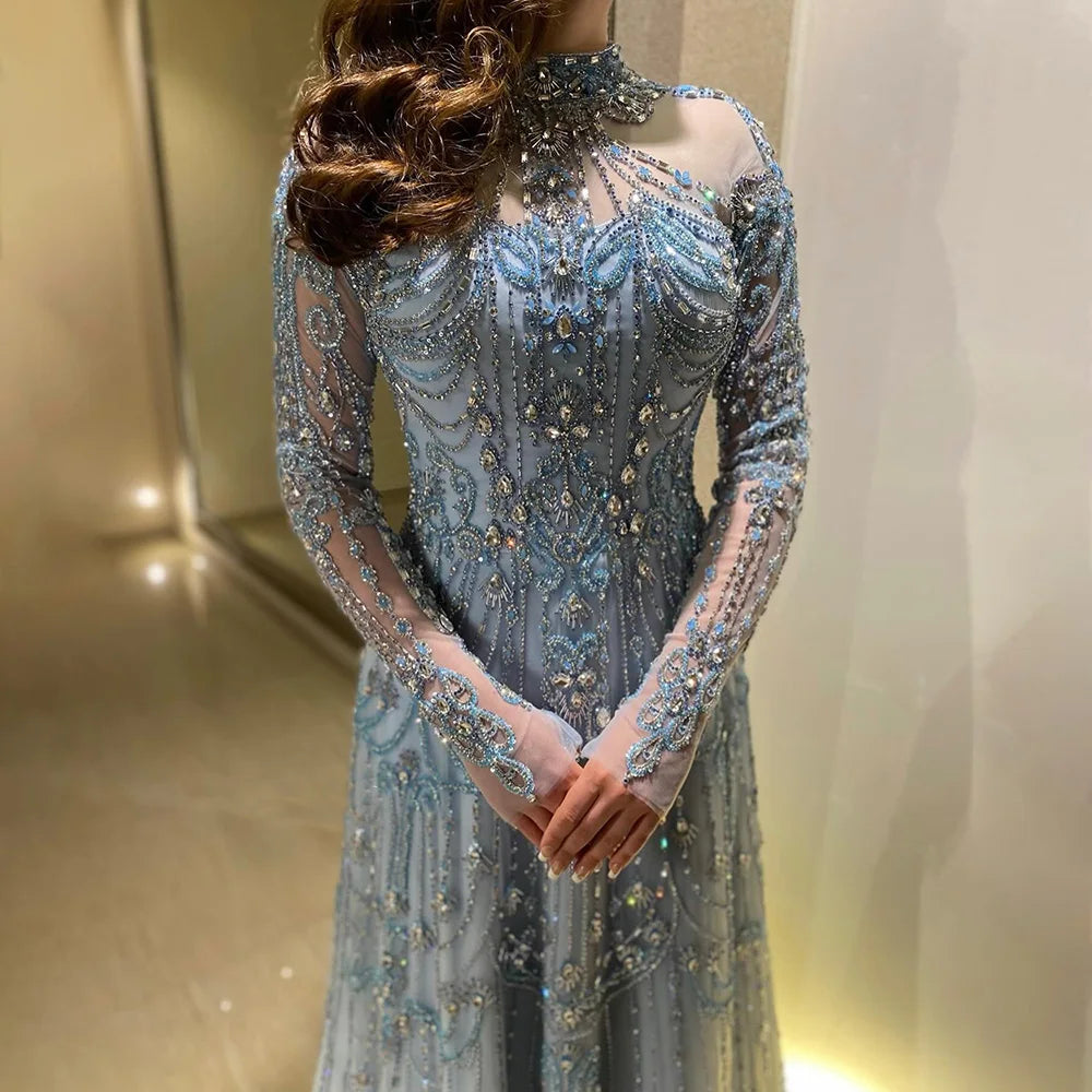 Vestidos de noche de lujo árabes de corte A, encaje azul y cuentas, para mujer, ideales para fiestas en Dubái (LA72704) 