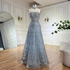 Vestido de noche azul saudí elegante de corte A sin tirantes, estilo árabe, con cuentas, ideal para ocasiones formales (LA72717) 