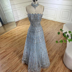 Vestido de noche azul saudí elegante de corte A sin tirantes, estilo árabe, con cuentas, ideal para ocasiones formales (LA72717) 