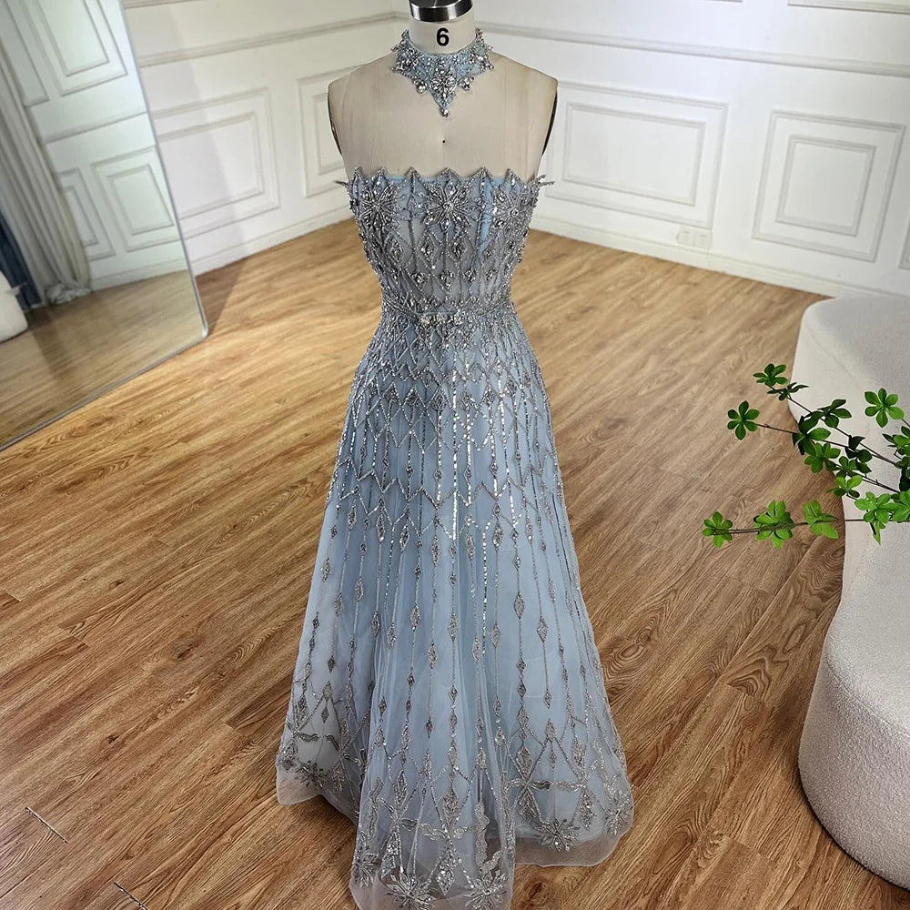 Vestido de noche azul saudí elegante de corte A sin tirantes, estilo árabe, con cuentas, ideal para ocasiones formales (LA72717) 