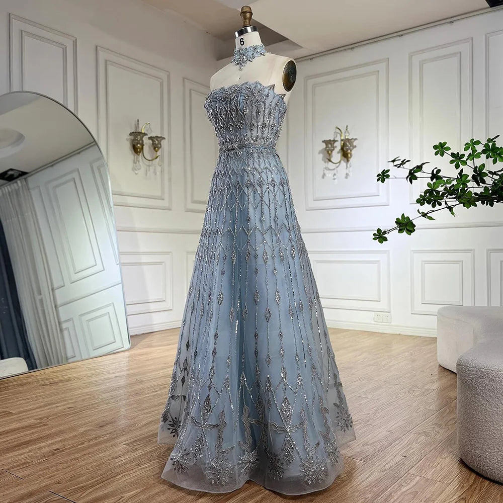Vestido de noche azul saudí elegante de corte A sin tirantes, estilo árabe, con cuentas, ideal para ocasiones formales (LA72717) 