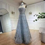 Vestido de noche azul saudí elegante de corte A sin tirantes, estilo árabe, con cuentas, ideal para ocasiones formales (LA72717) 