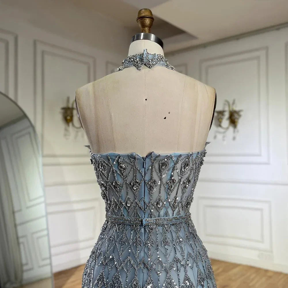 Vestido de noche azul saudí elegante de corte A sin tirantes, estilo árabe, con cuentas, ideal para ocasiones formales (LA72717) 