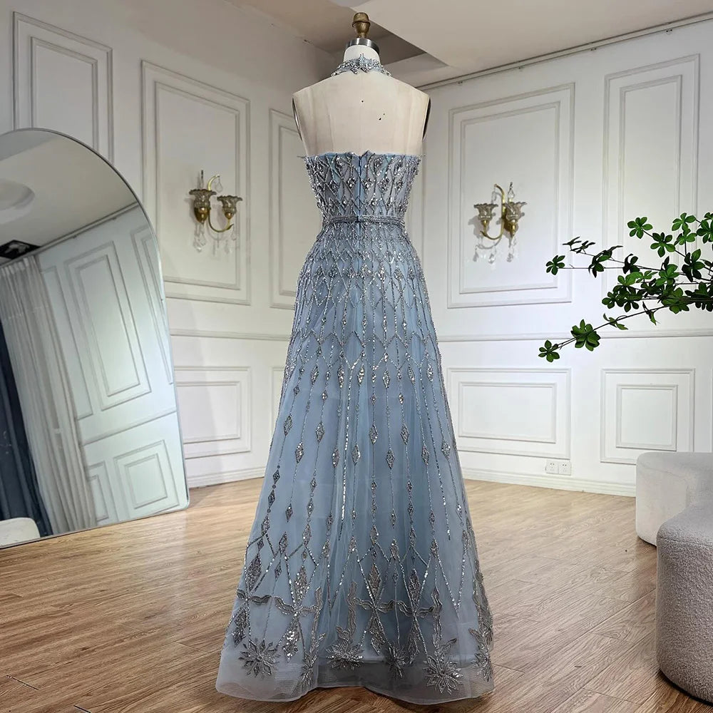 Vestido de noche azul saudí elegante de corte A sin tirantes, estilo árabe, con cuentas, ideal para ocasiones formales (LA72717) 