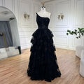 Vestido de fiesta de lujo árabe negro elegante de un solo hombro con volantes y corte en A para mujer LA72632 