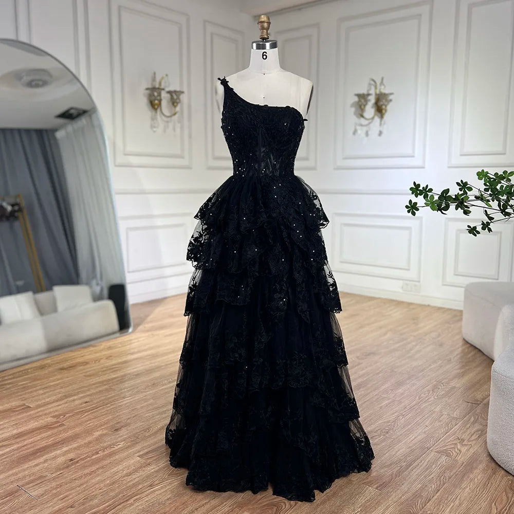 Vestido de fiesta de lujo árabe negro elegante de un solo hombro con volantes y corte en A para mujer LA72632 