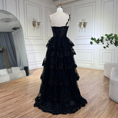 Robe de bal élégante noire style arabe, asymétrique, à volants, en dentelle, pour soirée, LA72632, 2025 