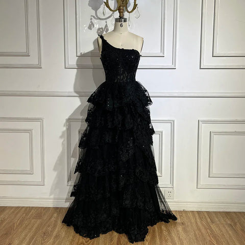 Robe de bal élégante noire style arabe, asymétrique, à volants, en dentelle, pour soirée, LA72632, 2025 