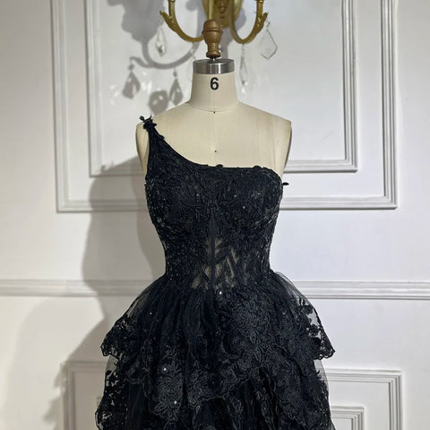 Robe de bal élégante noire style arabe, asymétrique, à volants, en dentelle, pour soirée, LA72632, 2025 