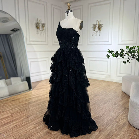 Robe de bal élégante noire style arabe, asymétrique, à volants, en dentelle, pour soirée, LA72632, 2025 
