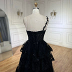 Vestido de fiesta de lujo árabe negro elegante de un solo hombro con volantes y corte en A para mujer LA72632 