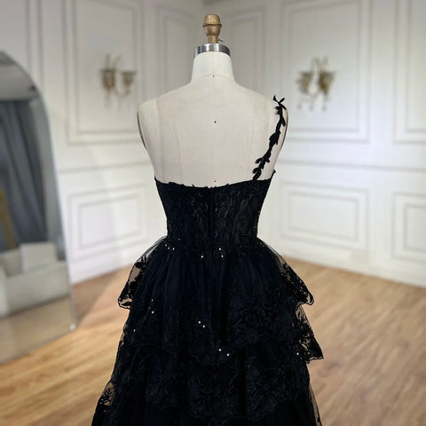 Robe de bal élégante noire style arabe, asymétrique, à volants, en dentelle, pour soirée, LA72632, 2025 