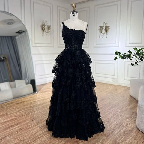Robe de bal élégante noire style arabe, asymétrique, à volants, en dentelle, pour soirée, LA72632, 2025 