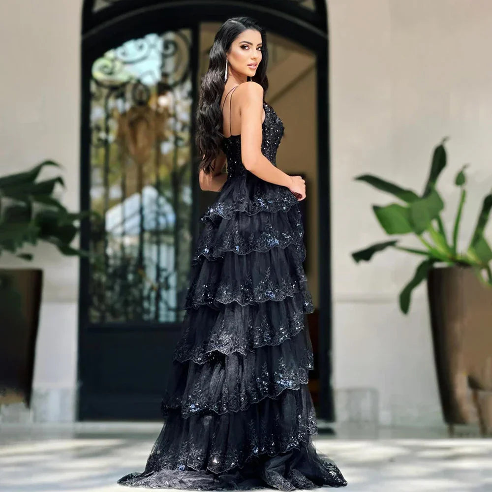 Vestido de fiesta de lujo árabe negro elegante de un solo hombro con abertura lateral escalonada y encaje, corte en A, para mujer LA72647 
