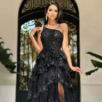 Vestido de fiesta de lujo árabe negro elegante de un solo hombro con abertura lateral escalonada y encaje, corte en A, para mujer LA72647 