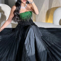 Vestido de noche de lujo estilo sirena, sin tirantes, largo hasta el tobillo, con cuentas, color negro y verde, estilo árabe, modelo LA72406 (2025). 
