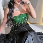 Vestido de noche de lujo estilo sirena, sin tirantes, largo hasta el tobillo, con cuentas, color negro y verde, estilo árabe, modelo LA72406 (2025). 