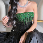 Vestido de noche de lujo estilo sirena, sin tirantes, largo hasta el tobillo, con cuentas, color negro y verde, estilo árabe, modelo LA72406 (2025). 