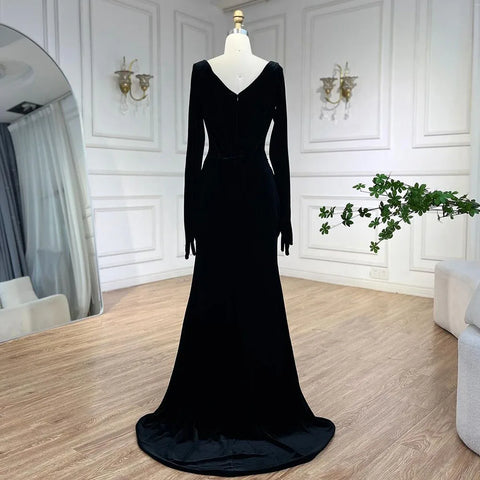 Robe de soirée sirène en velours noir, style arabe, avec gants, style Dubaï, pour femme, tenue de mariage, LA72530 