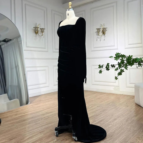 Robe de soirée sirène en velours noir, style arabe, avec gants, style Dubaï, pour femme, tenue de mariage, LA72530 