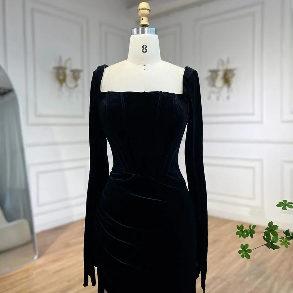 Vestido de noche de lujo estilo sirena, de terciopelo negro árabe con guantes, estilo Dubái, para mujer, ideal para bodas y fiestas (LA72530) 