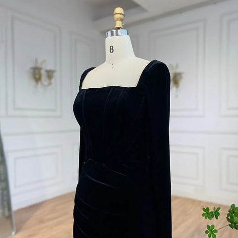 Robe de soirée sirène en velours noir, style arabe, avec gants, style Dubaï, pour femme, tenue de mariage, LA72530 