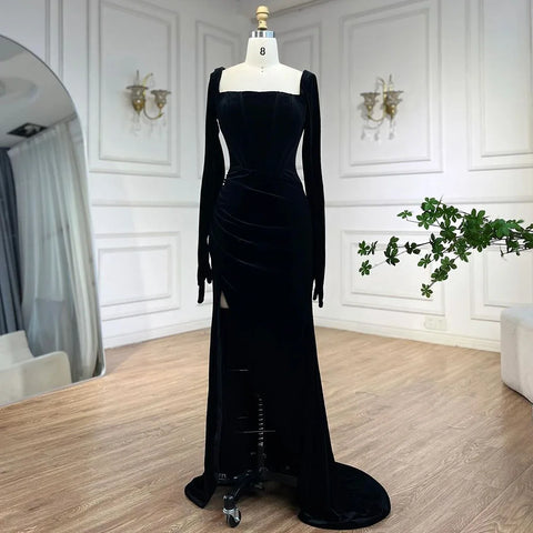 Robe de soirée sirène en velours noir, style arabe, avec gants, style Dubaï, pour femme, tenue de mariage, LA72530 