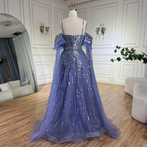 Robe de soirée élégante de luxe, coupe trapèze, bleu arabe, avec perles, manches cape amovibles, LA72638 