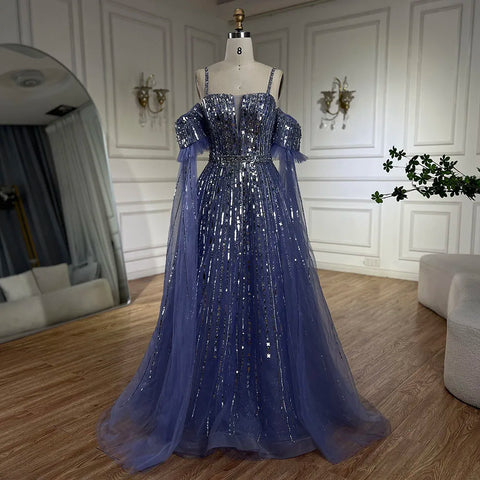 Robe de soirée élégante de luxe, coupe trapèze, bleu arabe, avec perles, manches cape amovibles, LA72638 