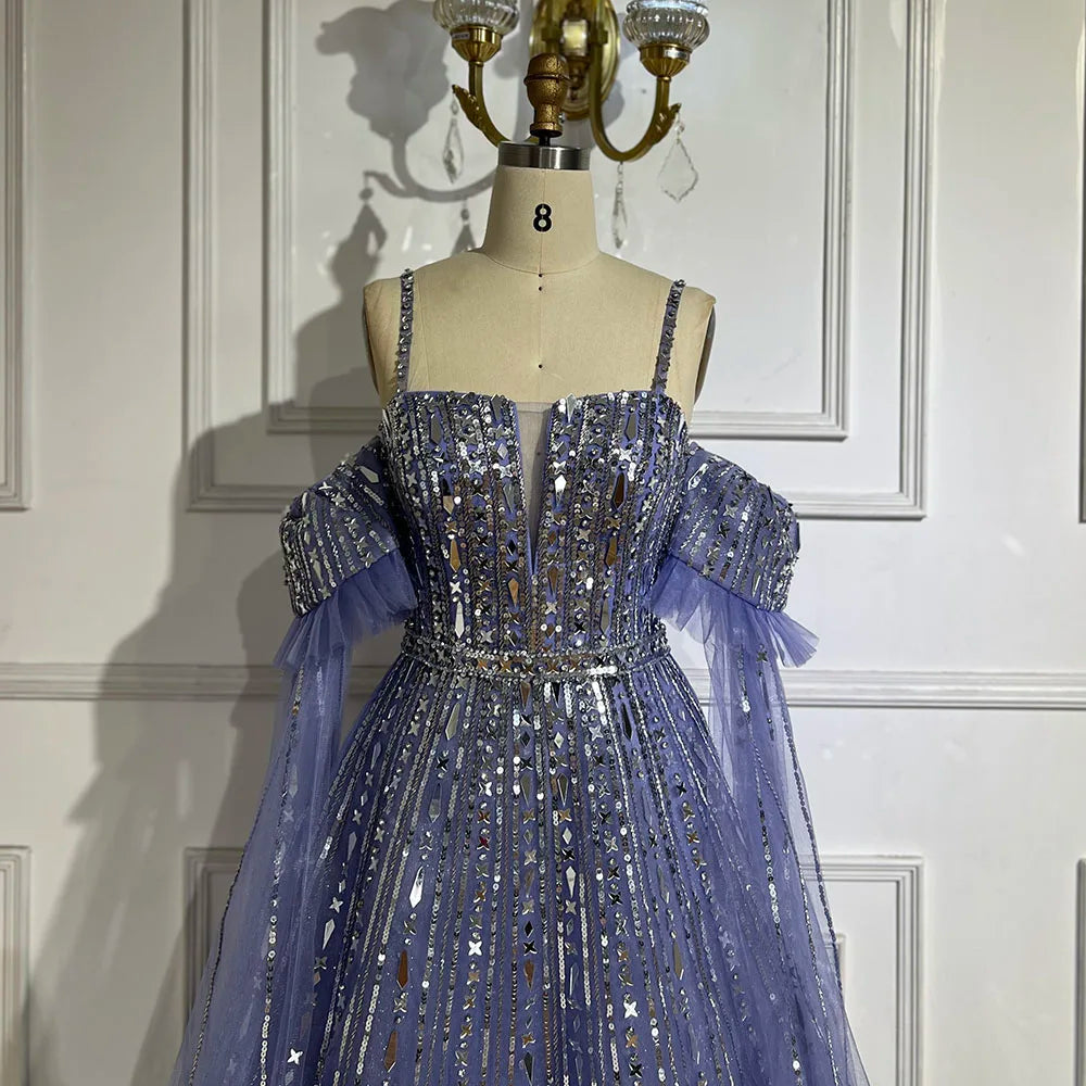 Vestido de noche elegante de lujo con cuentas, corte en A, azul árabe, para mujer, con mangas tipo capa desmontables, modelo LA72638 (2025) 