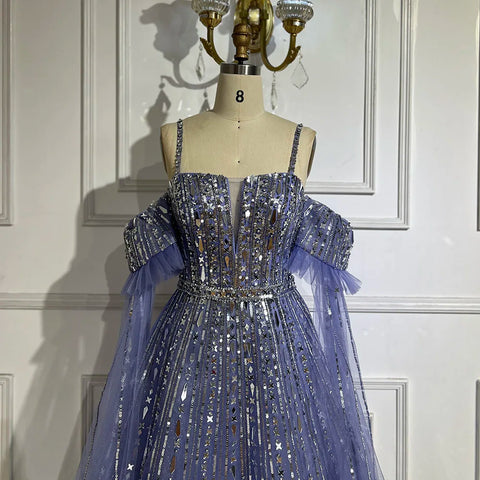 Robe de soirée élégante de luxe, coupe trapèze, bleu arabe, avec perles, manches cape amovibles, LA72638 