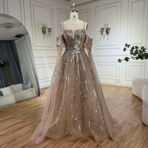 Robe de soirée élégante de luxe, coupe trapèze, bleu arabe, avec perles, manches cape amovibles, LA72638 