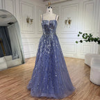 Vestido de noche elegante de lujo con cuentas, corte en A, azul árabe, para mujer, con mangas tipo capa desmontables, modelo LA72638 (2025) 