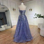 Vestido de noche elegante de lujo con cuentas, corte en A, azul árabe, para mujer, con mangas tipo capa desmontables, modelo LA72638 (2025) 