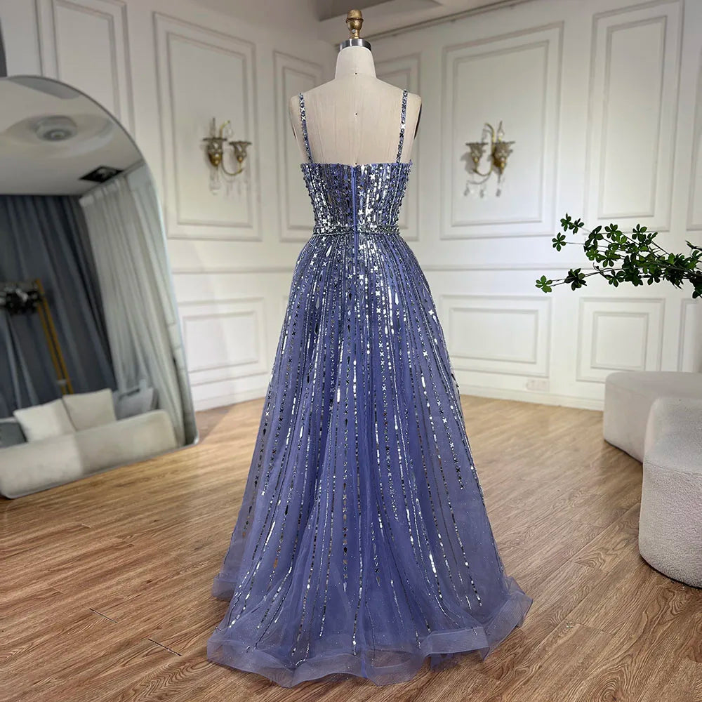 Vestido de noche elegante de lujo con cuentas, corte en A, azul árabe, para mujer, con mangas tipo capa desmontables, modelo LA72638 (2025) 