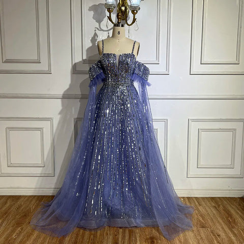 Robe de soirée élégante de luxe, coupe trapèze, bleu arabe, avec perles, manches cape amovibles, LA72638 