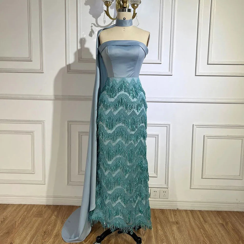 Vestido de noche largo de sirena azul árabe hasta el tobillo con capa y cuentas, de lujo, para mujer, ideal para bodas y fiestas (LA72435) 