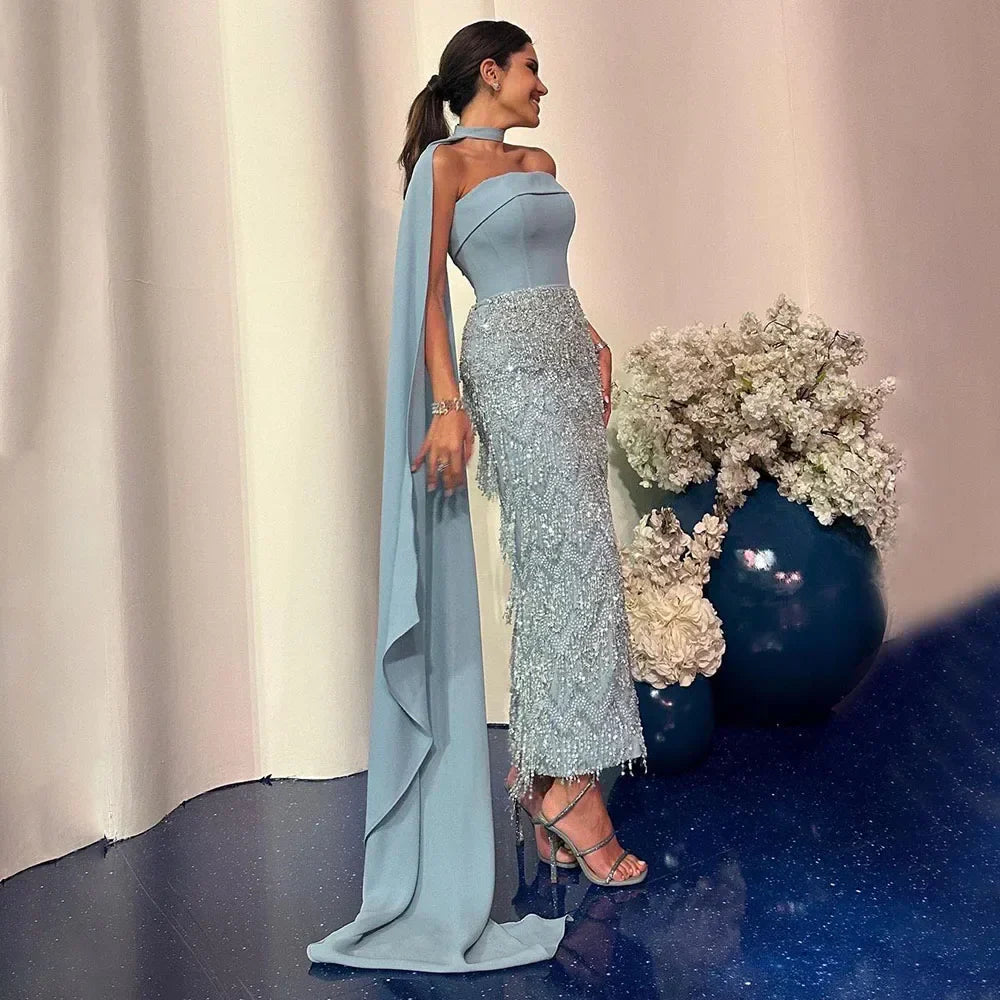 Vestido de noche largo de sirena azul árabe hasta el tobillo con capa y cuentas, de lujo, para mujer, ideal para bodas y fiestas (LA72435) 