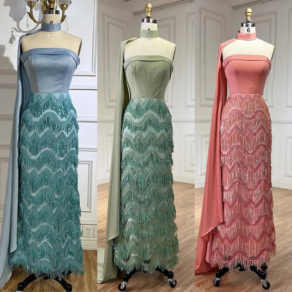 Vestido de noche largo de sirena azul árabe hasta el tobillo con capa y cuentas, de lujo, para mujer, ideal para bodas y fiestas (LA72435) 