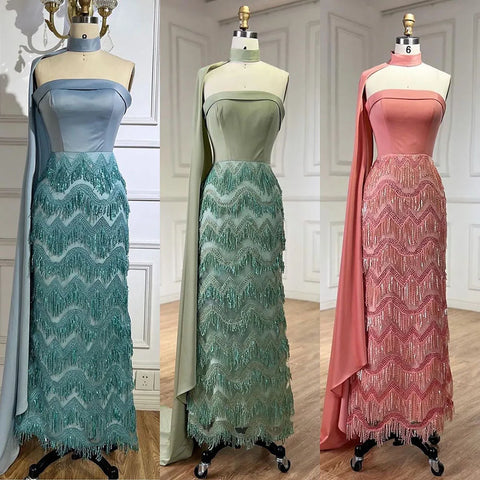 Robe de soirée longue style sirène bleu arabe, longueur cheville, avec cape perlée, luxueuse, pour femme, tenue de mariage, LA72435 