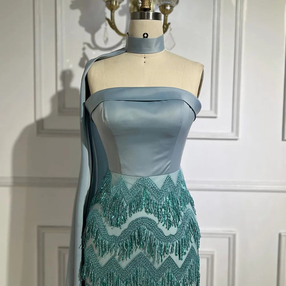 Vestido de noche largo de sirena azul árabe hasta el tobillo con capa y cuentas, de lujo, para mujer, ideal para bodas y fiestas (LA72435) 
