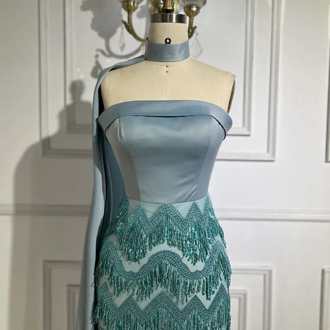 Robe de soirée longue style sirène bleu arabe, longueur cheville, avec cape perlée, luxueuse, pour femme, tenue de mariage, LA72435 