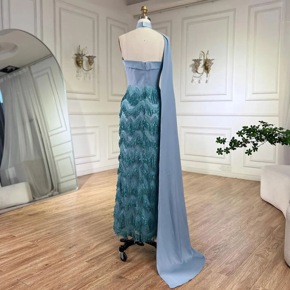 Vestido de noche largo de sirena azul árabe hasta el tobillo con capa y cuentas, de lujo, para mujer, ideal para bodas y fiestas (LA72435) 
