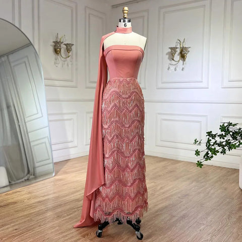Robe de soirée longue style sirène bleu arabe, longueur cheville, avec cape perlée, luxueuse, pour femme, tenue de mariage, LA72435 