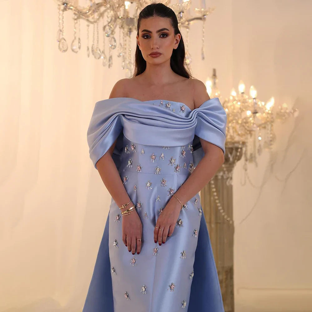 Vestido de noche sirena de satén azul árabe con cuentas de cristal hasta el tobillo, ideal para bodas y fiestas (LA72414A) 