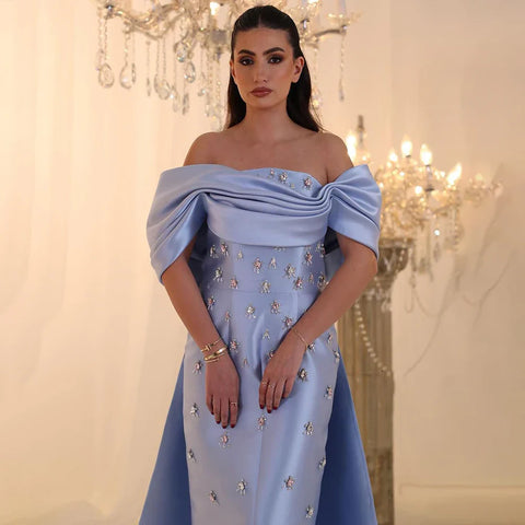 Robe de soirée sirène en satin bleu arabe, longueur cheville, avec perles et cristaux, pour femme, tenue de mariage, LA72414A 