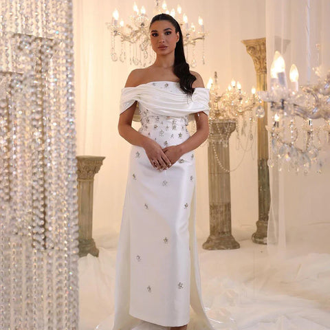 Robe de soirée sirène en satin bleu arabe, longueur cheville, avec perles et cristaux, pour femme, tenue de mariage, LA72414A 