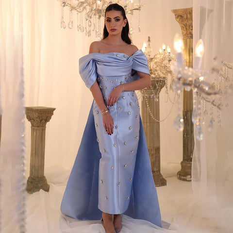 Robe de soirée sirène en satin bleu arabe, longueur cheville, avec perles et cristaux, pour femme, tenue de mariage, LA72414A 